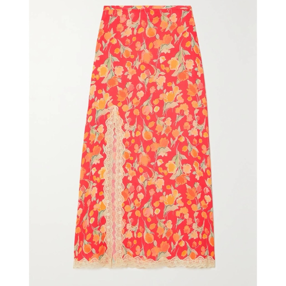 RIXO Sibilla Floral-Print Lace-Trimmed Midi Skirt M NWT